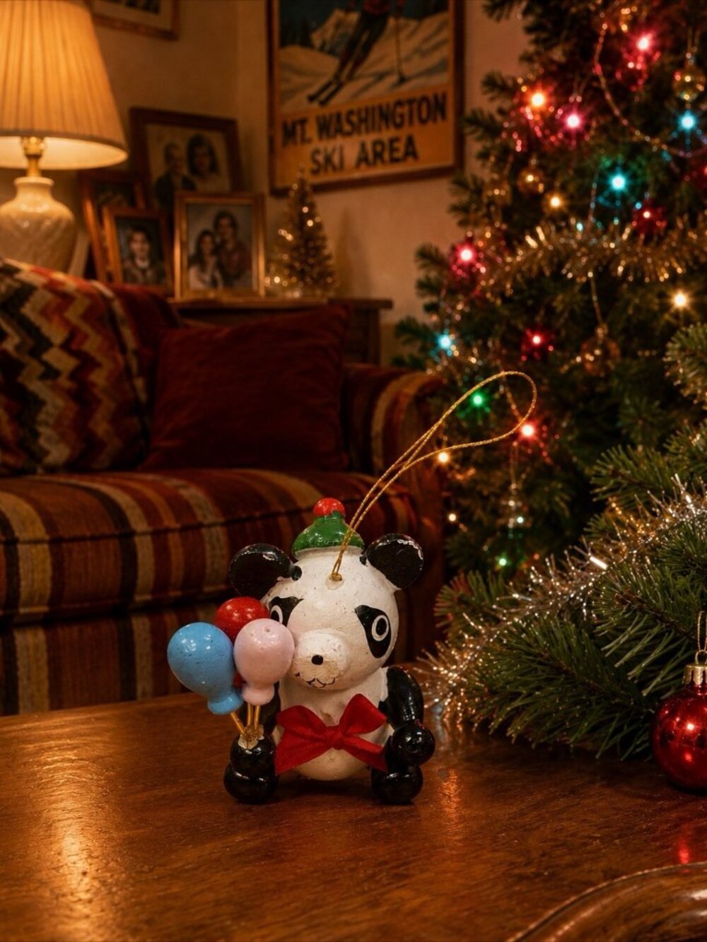 Vintage Panda Christmas Ornament Wood Balloon Bear Holiday Tree Decoration